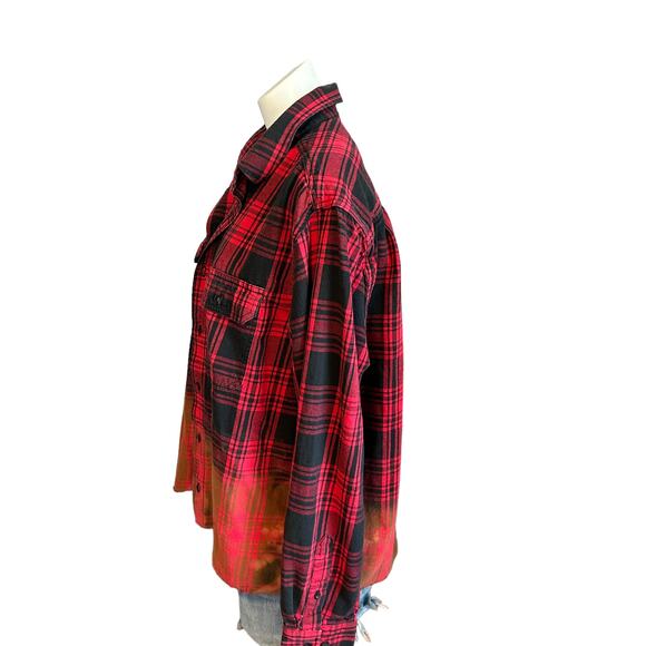 Motherhood & Wine Plaid Flannel Shirt Shacket Red LARGE Oversize Upcycle Unique - Picture 3 of 5